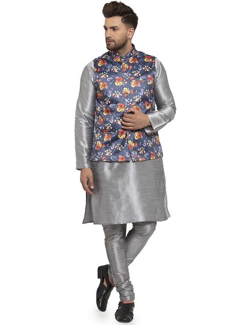 grey solid dupion kurta pyjama set with blue printed nehru jacket - 17205580 - Standard Image - 0