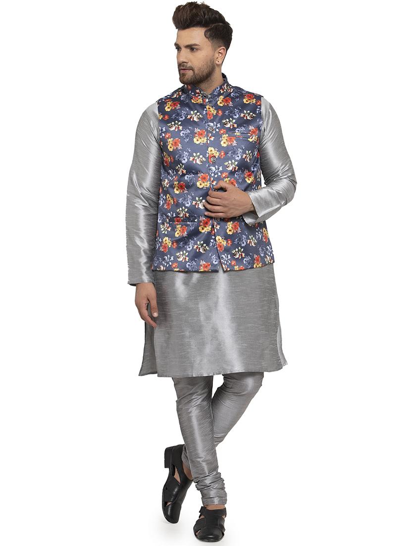 grey solid dupion kurta pyjama set with blue printed nehru jacket - 17205580 - Zoom Image - 0