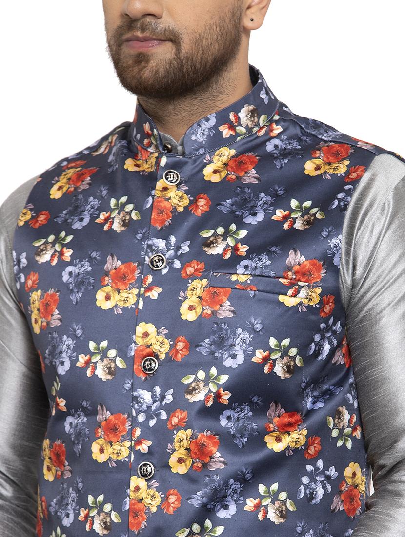 grey solid dupion kurta pyjama set with blue printed nehru jacket - 17205580 - Standard Image - 3