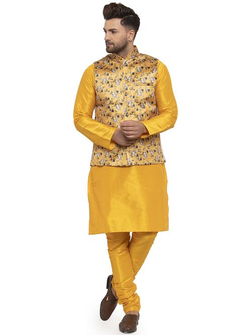 yellow solid dupion kurta pyjama set with yellow printed nehru jacket - 17205581 - Standard Image - 0