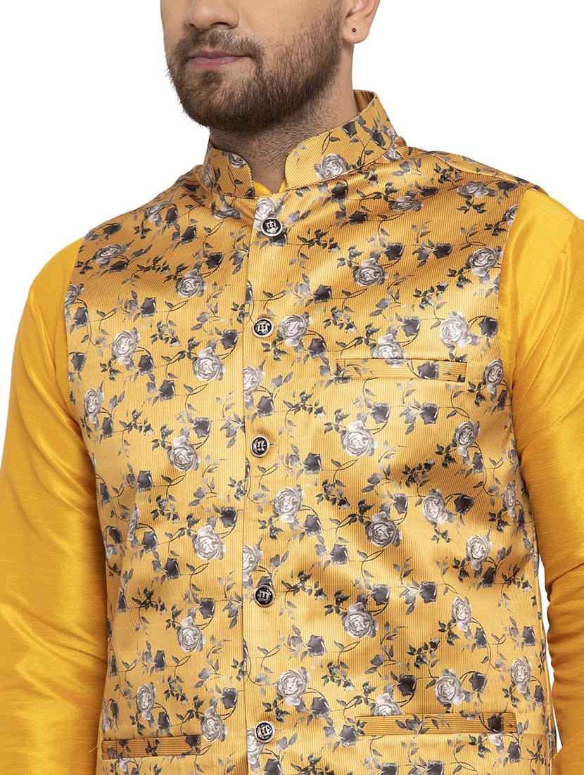 yellow solid dupion kurta pyjama set with yellow printed nehru jacket - 17205581 - Standard Image - 3