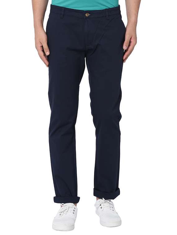 navy blue textured flat front casual trouser