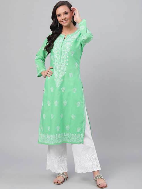long green cotton chikankari lucknowi kurta for women - 17219223 - Standard Image - 0