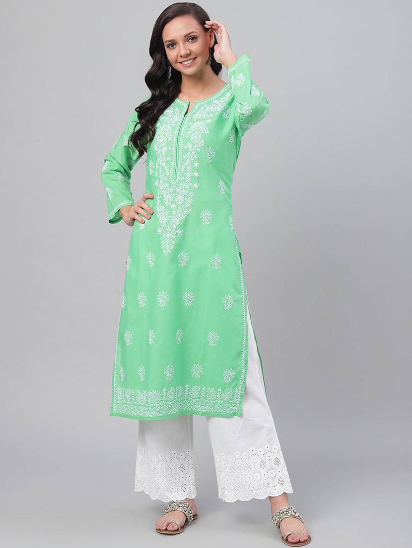 long green cotton chikankari lucknowi kurta for women - 17219223 - Zoom Image - 0