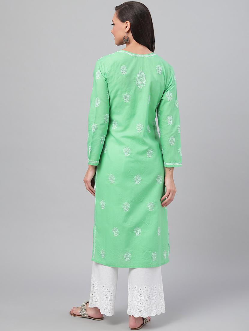 long green cotton chikankari lucknowi kurta for women - 17219223 - Standard Image - 3