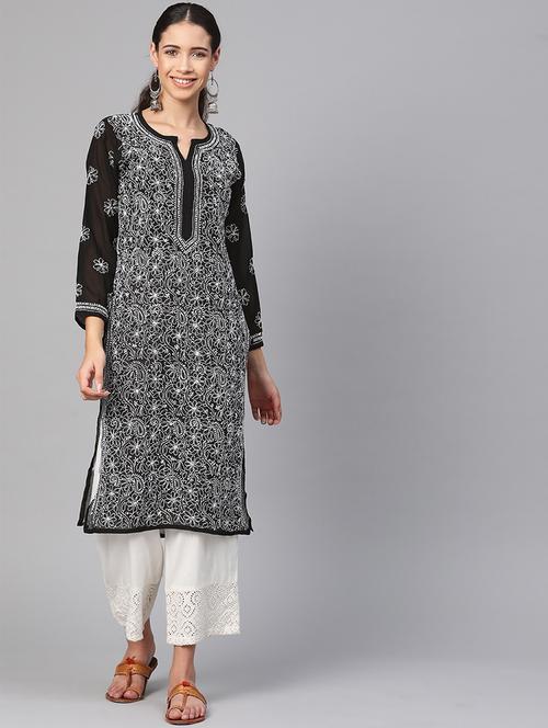 georgette black straight lucknowi chikan kurta - 17220735 - Standard Image - 0
