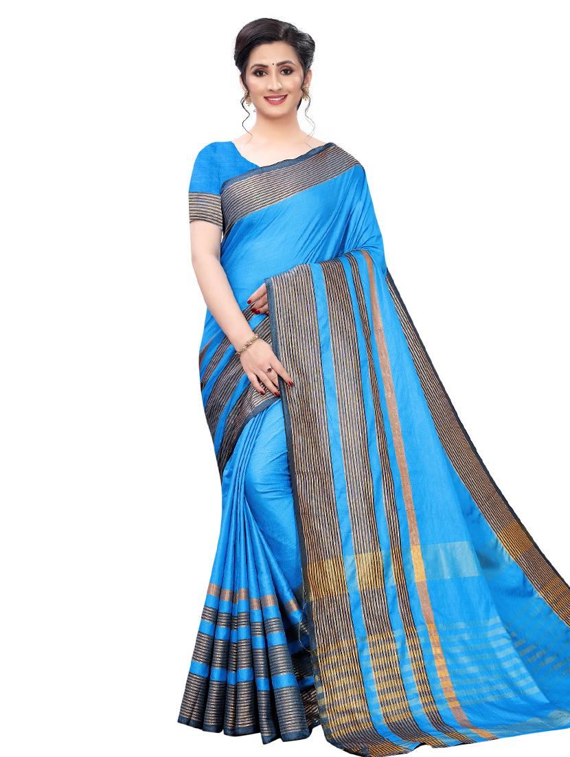 turquoise cotton silk saree with blouse - 17230088 - Zoom Image - 0