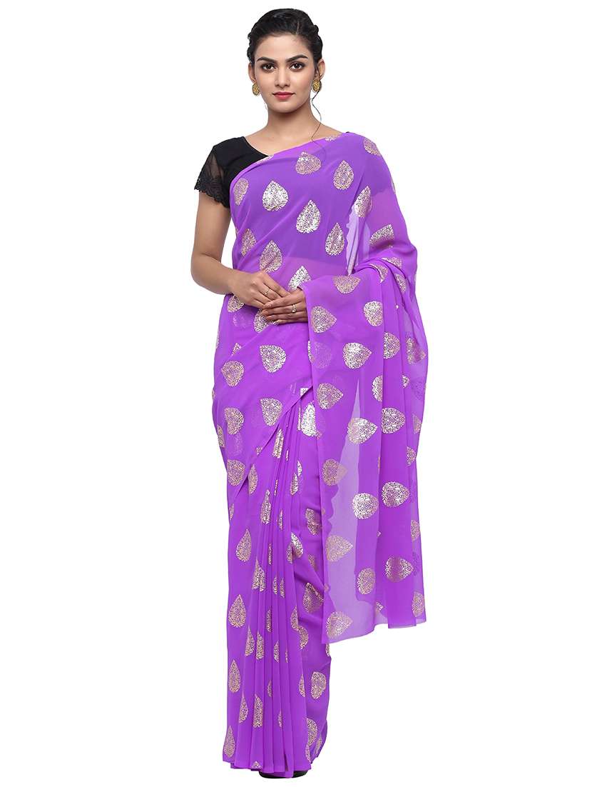 women's foil print purple colored saree with blouse