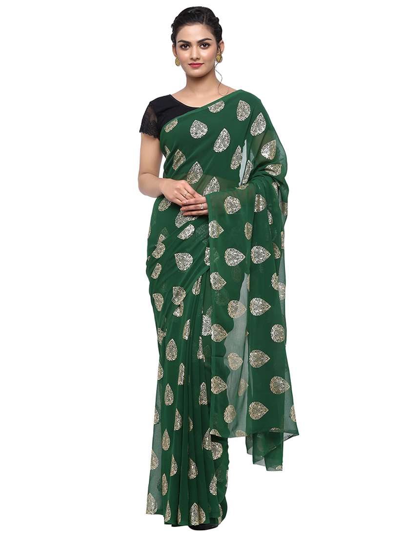 women's foil print green colored saree with blouse