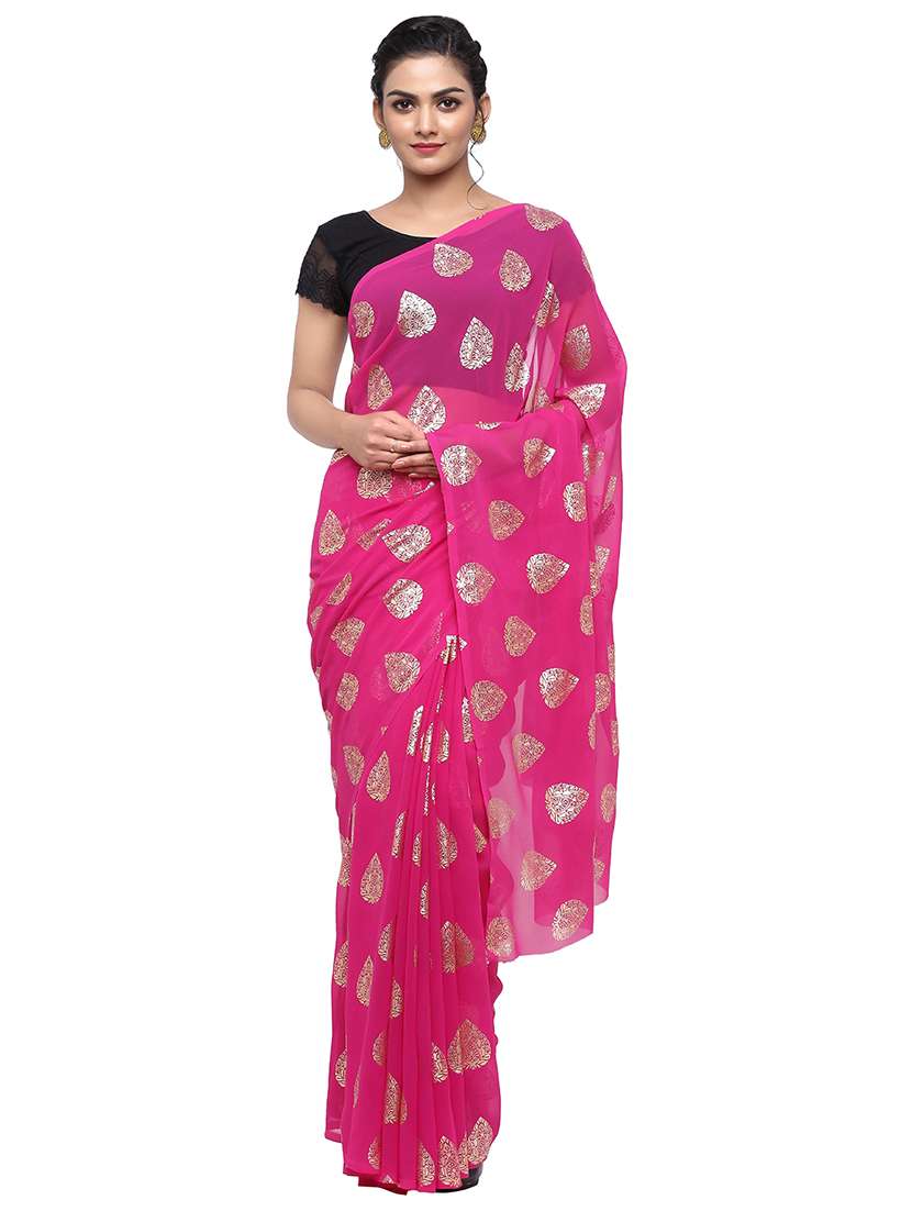 women's foil print magenta colored saree with blouse