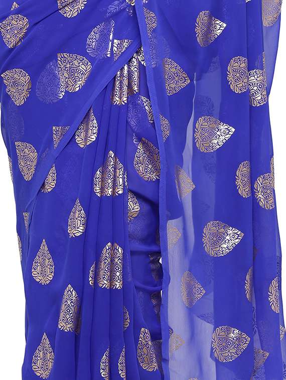 women's foil print royal blue colored saree with blouse - 17232024 -  Standard Image - 3