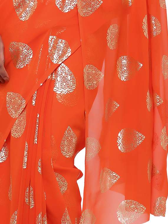 women's foil print orange colored saree with blouse - 17232029 -  Standard Image - 3