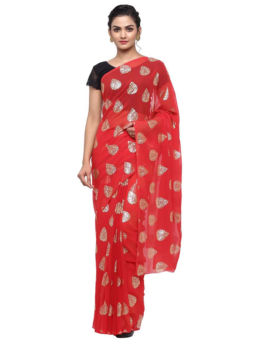 women's foil print red colored saree with blouse
