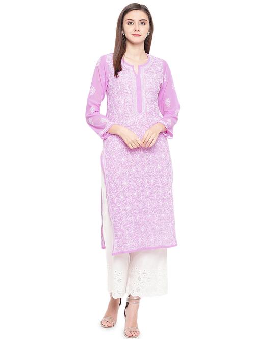 levender knee length georgette women chikankari straight kurta - 17257932 - Standard Image - 0
