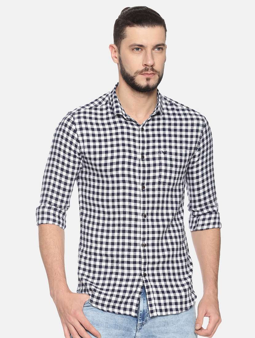 navy blue checkered casual shirt