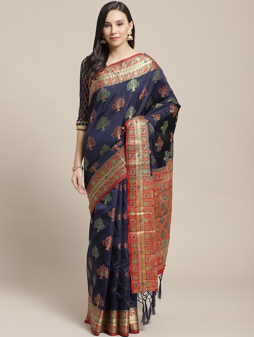 mirror work woven saree with blouse - 17258504 - Zoom Image - 0