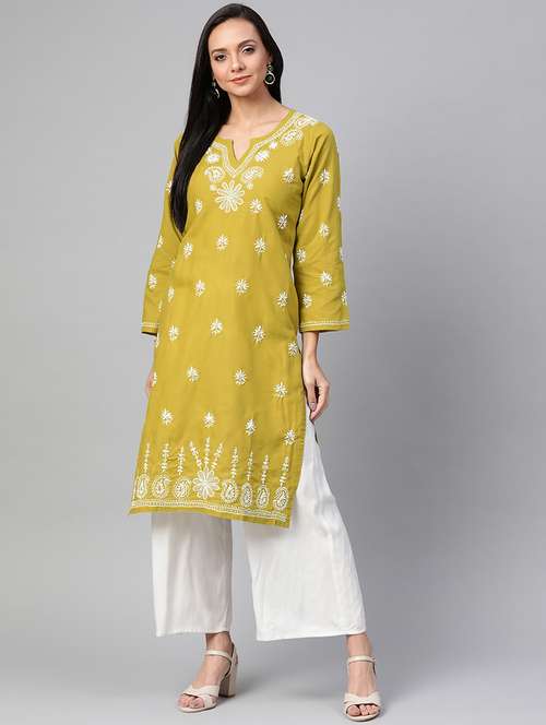 mustard color cotton knee length chikankari kurta - 17258780 - Standard Image - 0