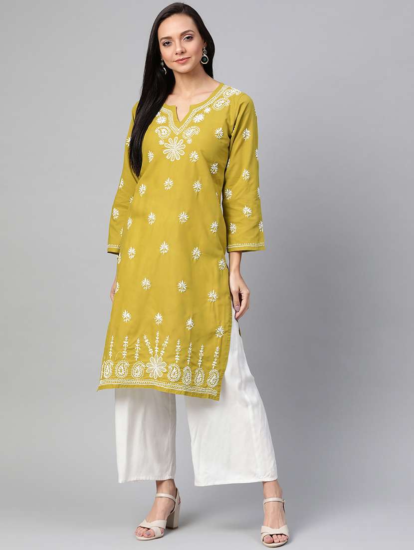mustard color cotton knee length chikankari kurta - 17258780 - Zoom Image - 0
