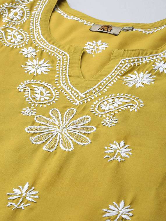 mustard color cotton knee length chikankari kurta - 17258780 - Standard Image - 3