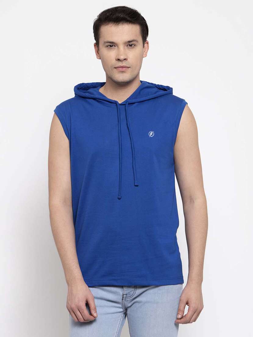 blue solid hooded t-shirt