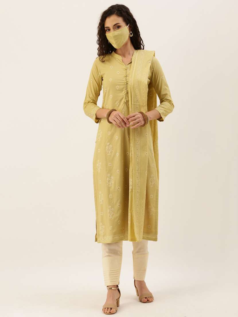 block print straight pant unstitched suit with face mask 