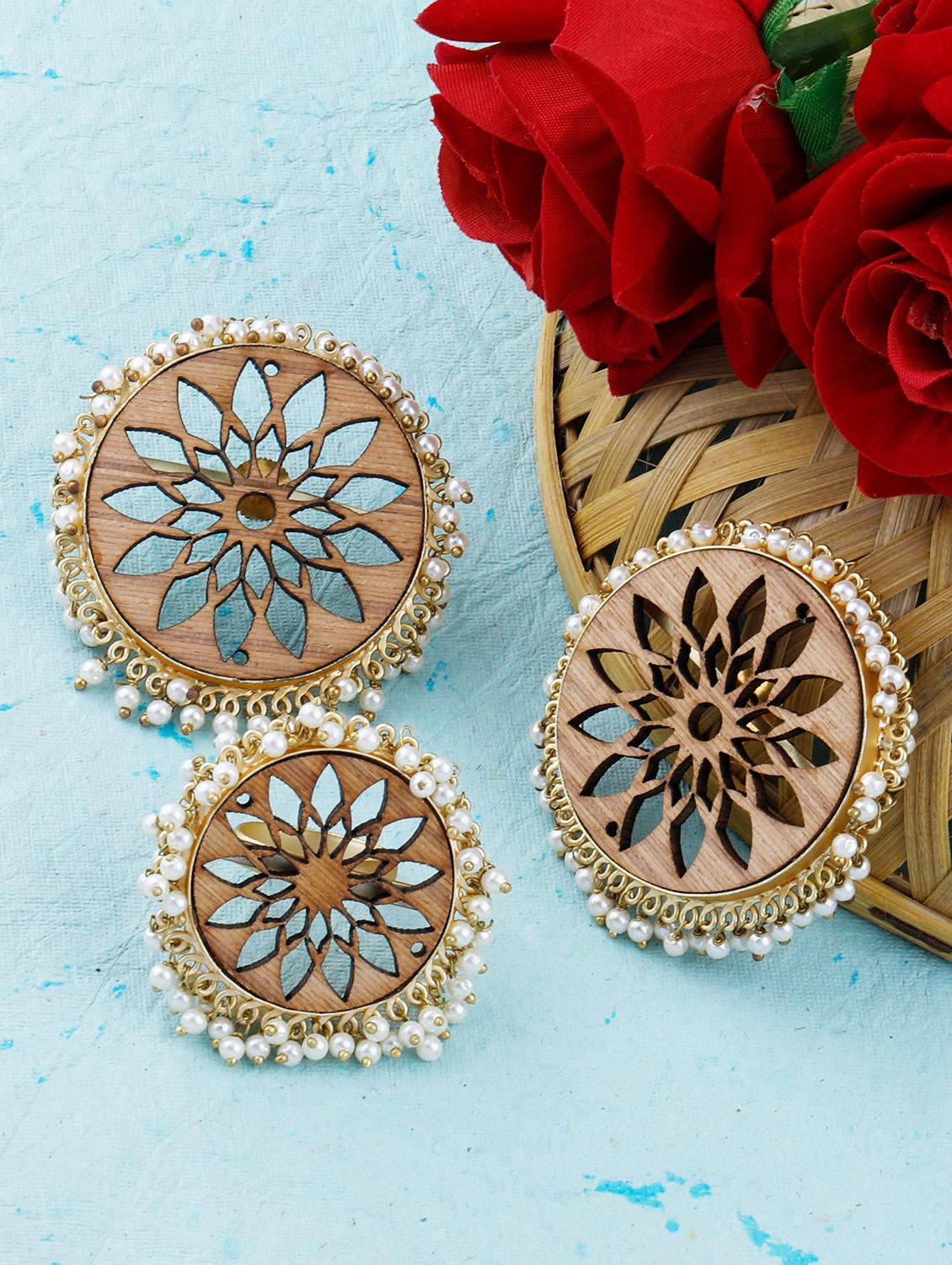 brown colored wood studs earring with ring - 17274331 - Zoom Image - 0