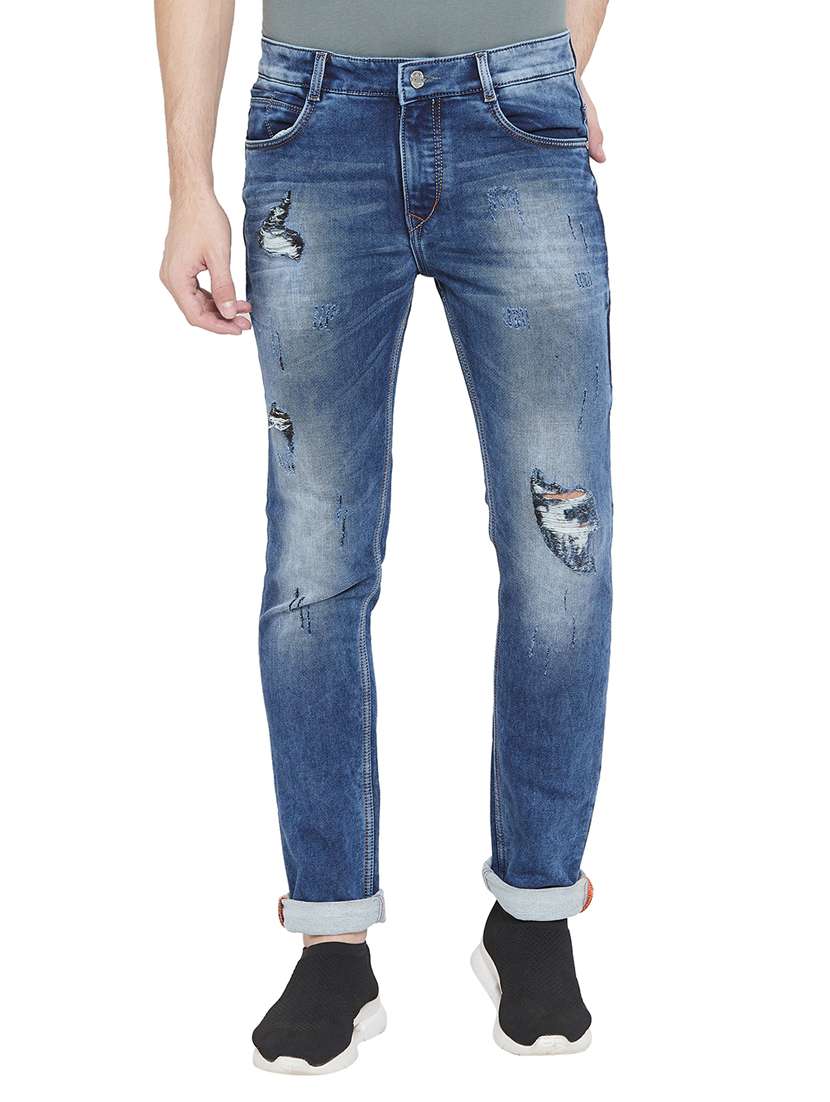 blue washed distressed denim jeans