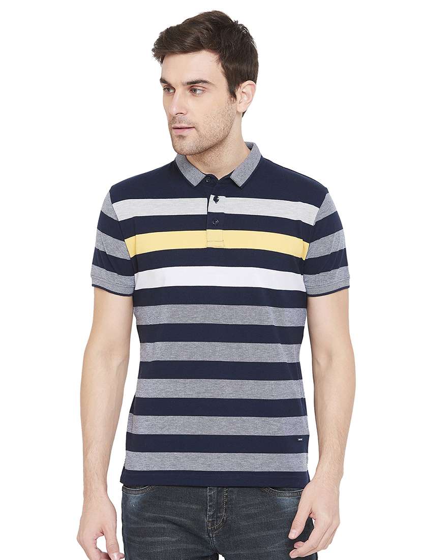 navy blue striped collared t-shirt