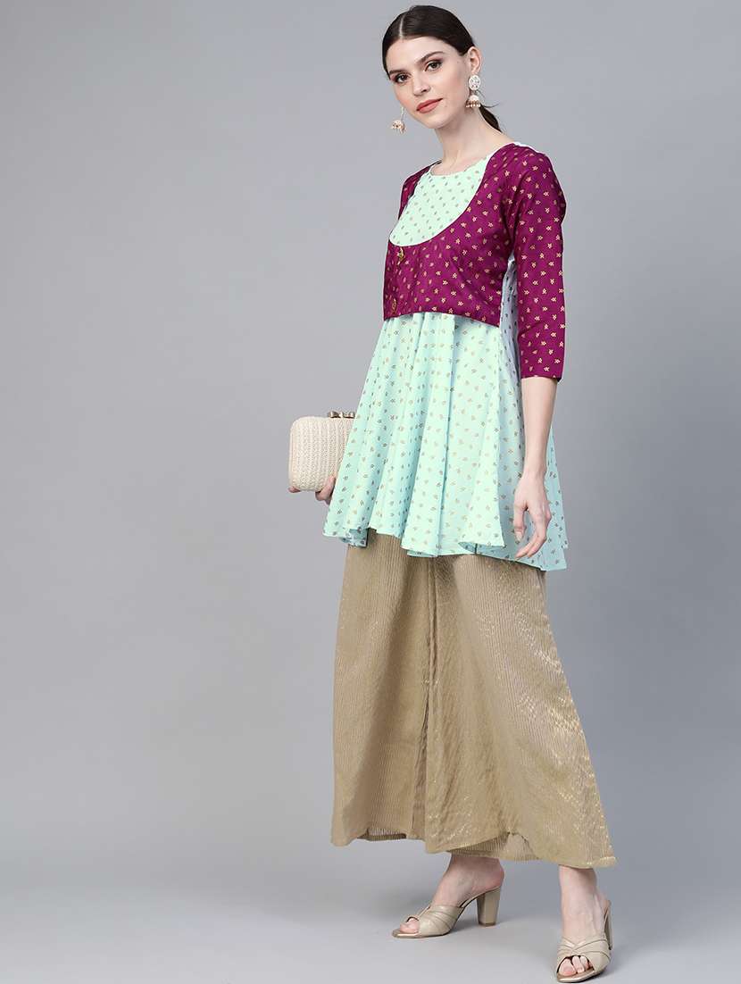 contrast yoke gold print flared kurti  - 17282479 -  Standard Image - 3