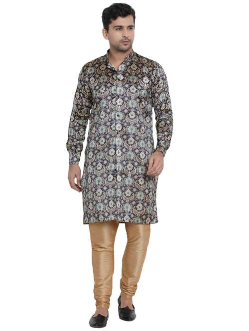 navy blue printed silk blend long kurta - 17287454 - Standard Image - 0