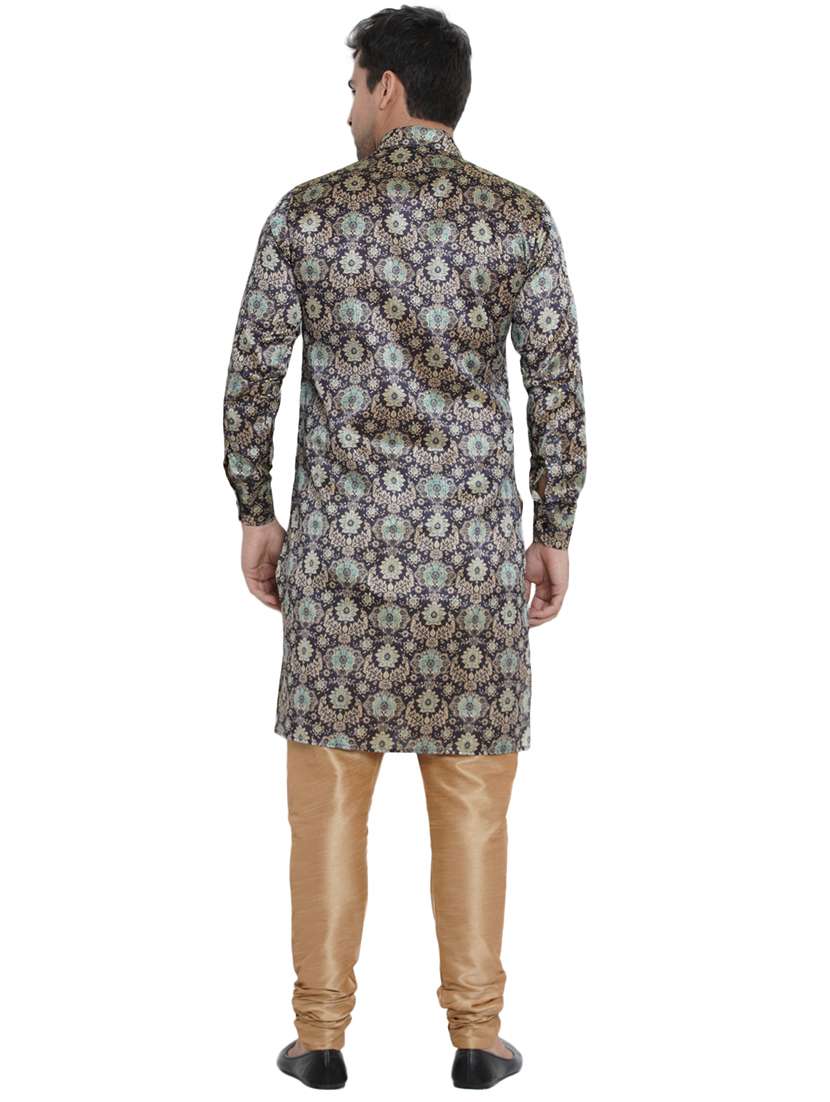 navy blue printed silk blend long kurta - 17287454 - Standard Image - 3