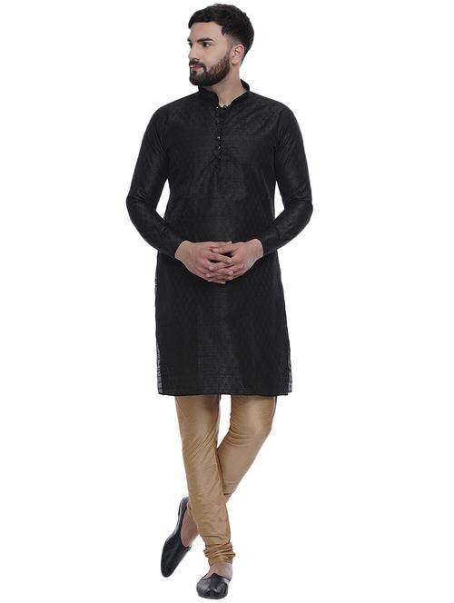 black jacquard silk blend long kurta - 17287473 - Standard Image - 0