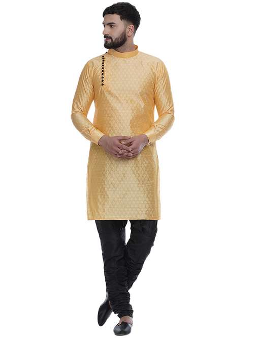 yellow jacquard silk blend long kurta - 17287475 - Standard Image - 0