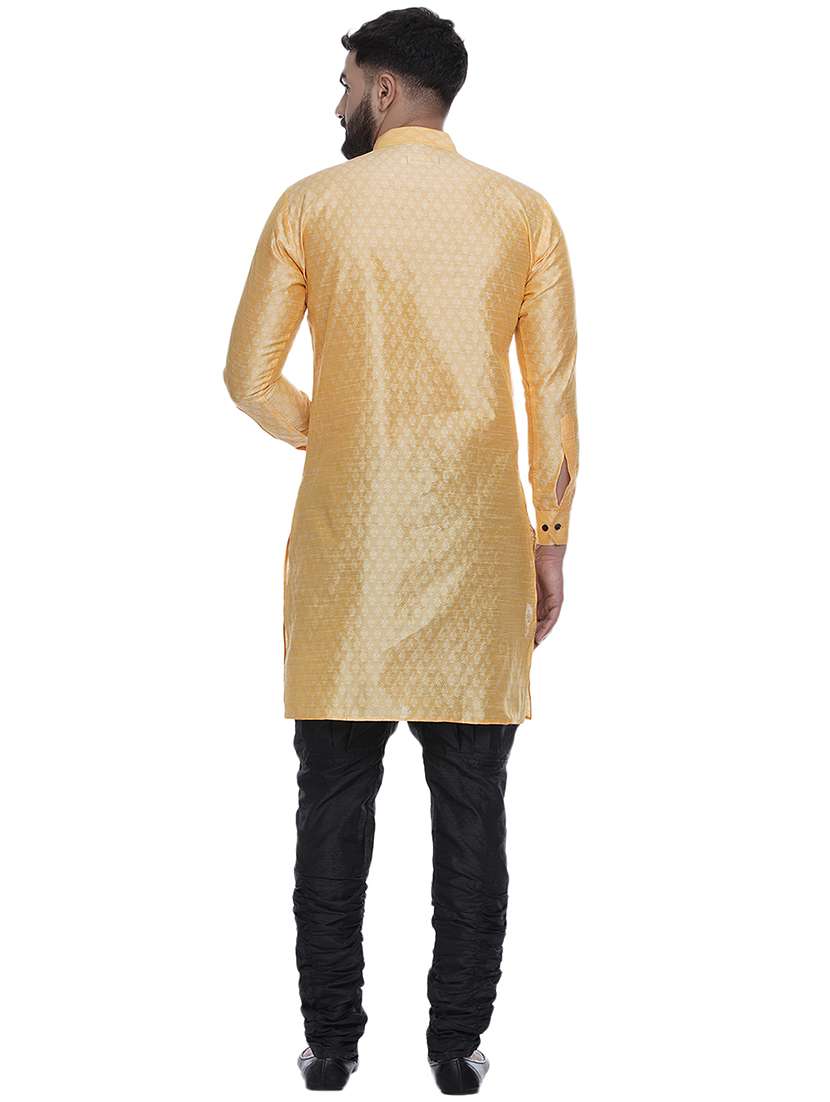 yellow jacquard silk blend long kurta - 17287475 - Standard Image - 3