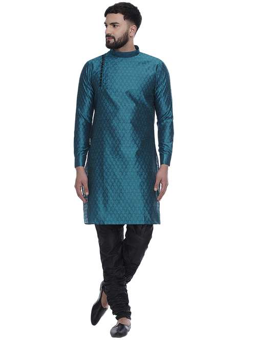teal jacquard silk blend long kurta - 17287476 - Standard Image - 0