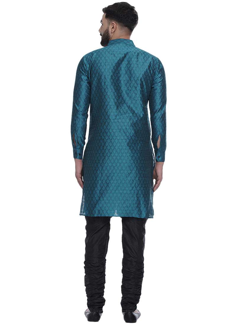 teal jacquard silk blend long kurta - 17287476 - Standard Image - 3