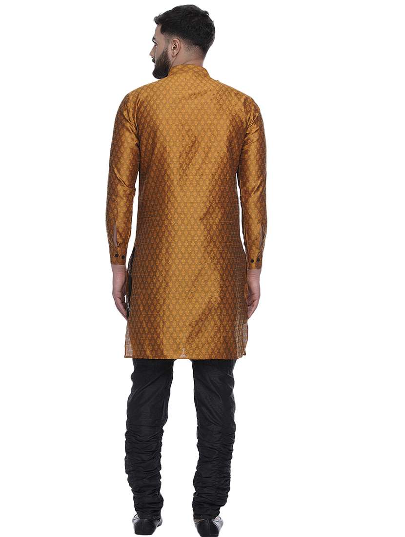 gold jacquard silk blend long kurta - 17287479 -  Standard Image - 3