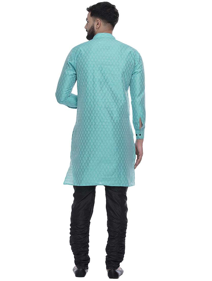 men light blue jacquard silk blend long kurta - 17287480 -  Standard Image - 3