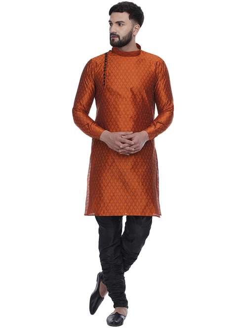 rust jacquard silk blend long kurta - 17287482 - Standard Image - 0