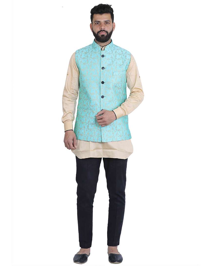 blue self design nehru jacket - 17287532 -  Standard Image - 3