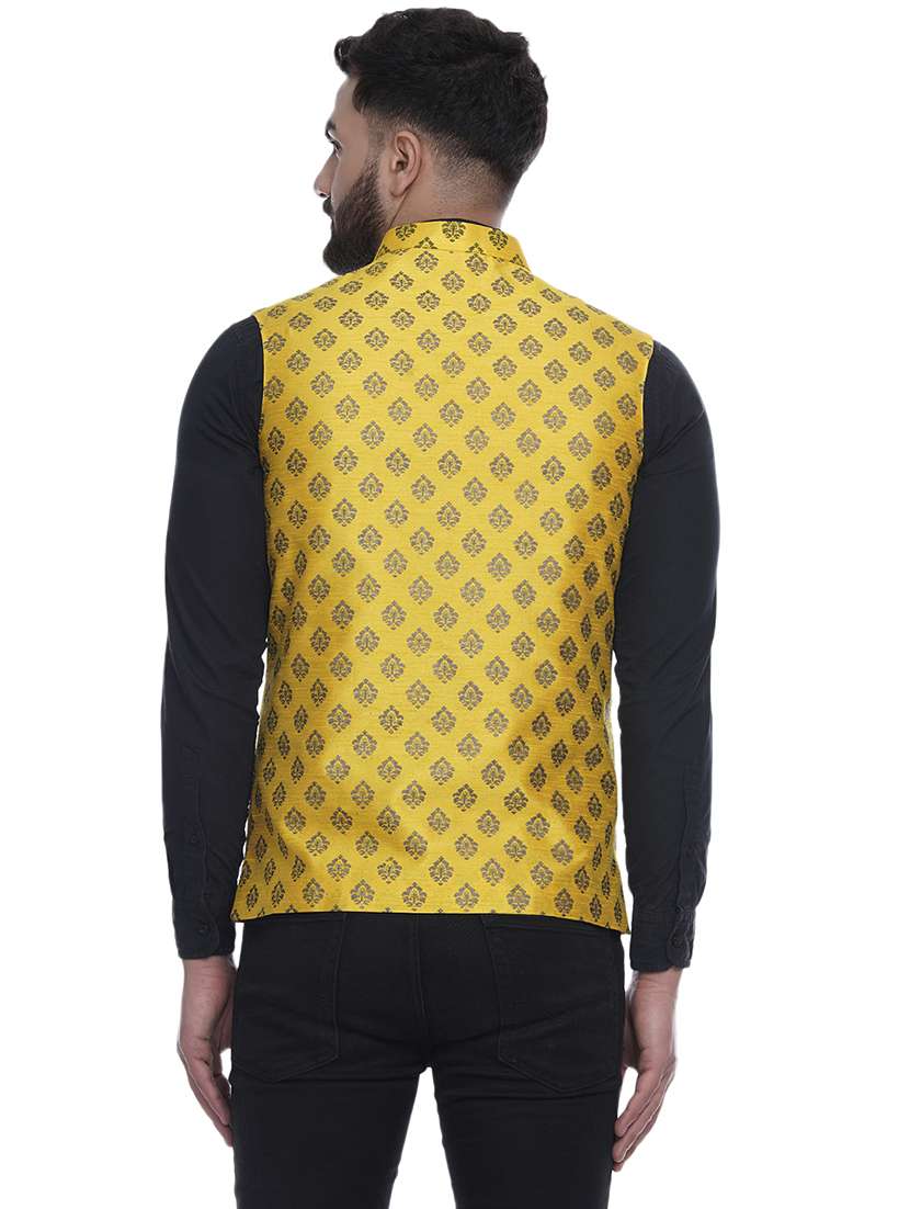 yellow printed silk nehru jacket - 17287553 -  Standard Image - 3