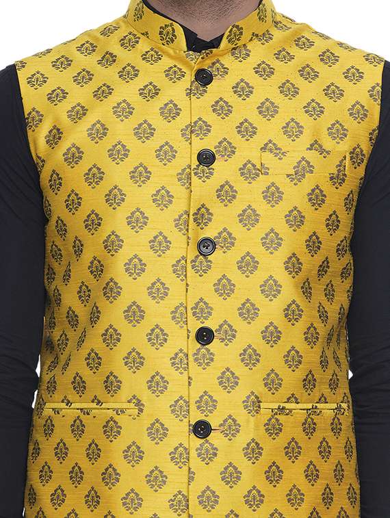 yellow printed silk nehru jacket - 17287553 -  Standard Image - 5