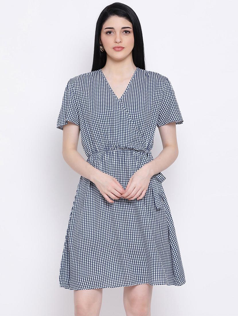 overlap neck checkered a-line dress - 17288482 - Zoom Image - 0