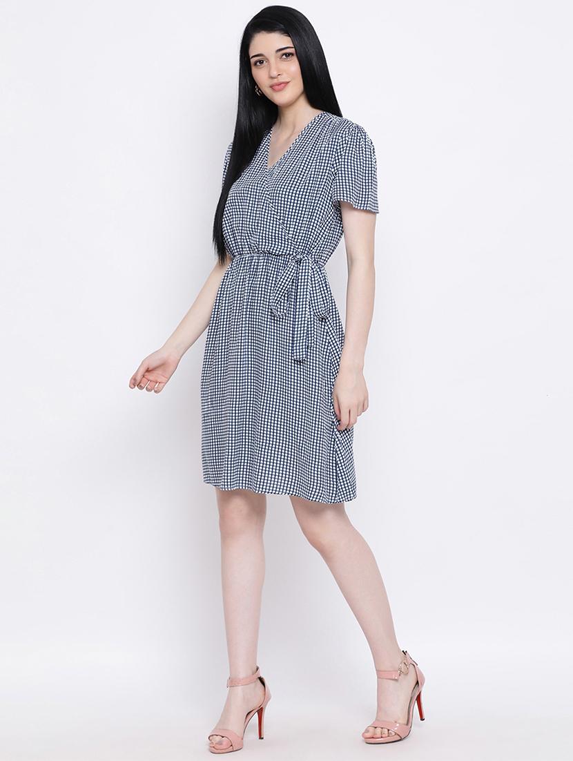 overlap neck checkered a-line dress - 17288482 - Standard Image - 3