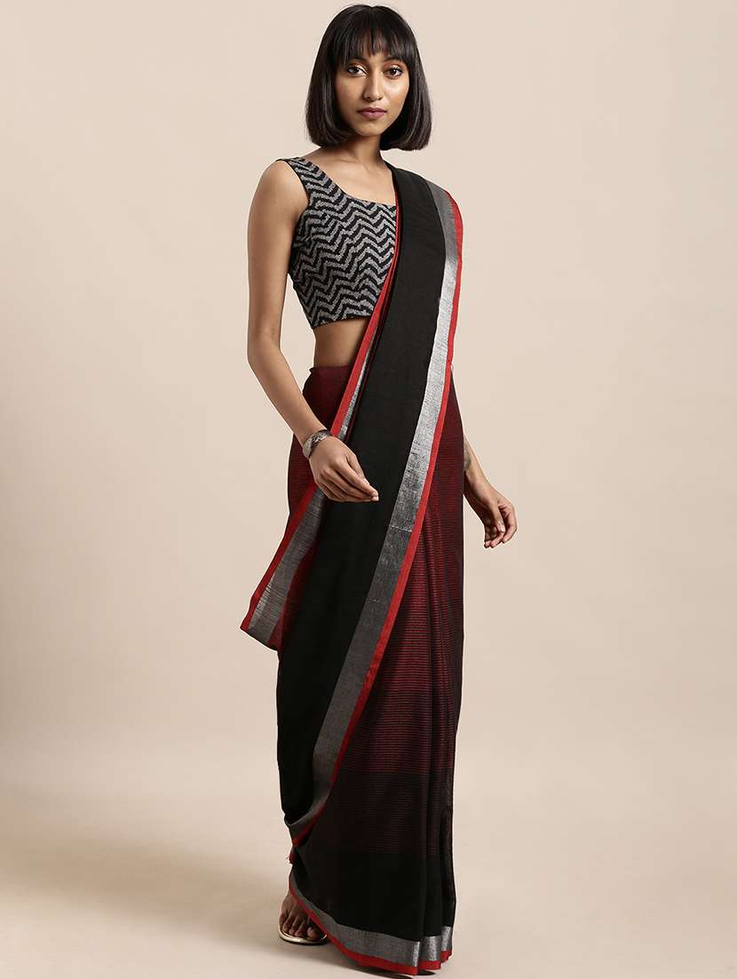 solid bordered saree with blouse - 17290173 -  Zoom Image - 0