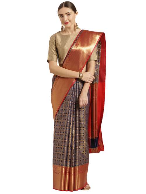 navy kanjivaram saree with blouse - 17290211 - Standard Image - 0