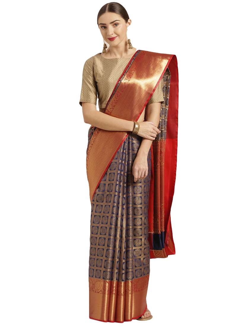 navy kanjivaram saree with blouse - 17290211 - Zoom Image - 0