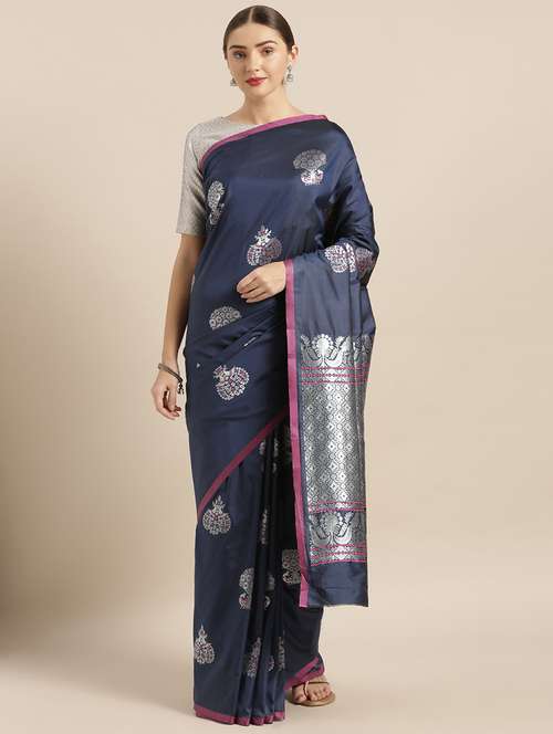 navy silk blend banarasi saree with blouse - 17290226 -  Standard Image - 0