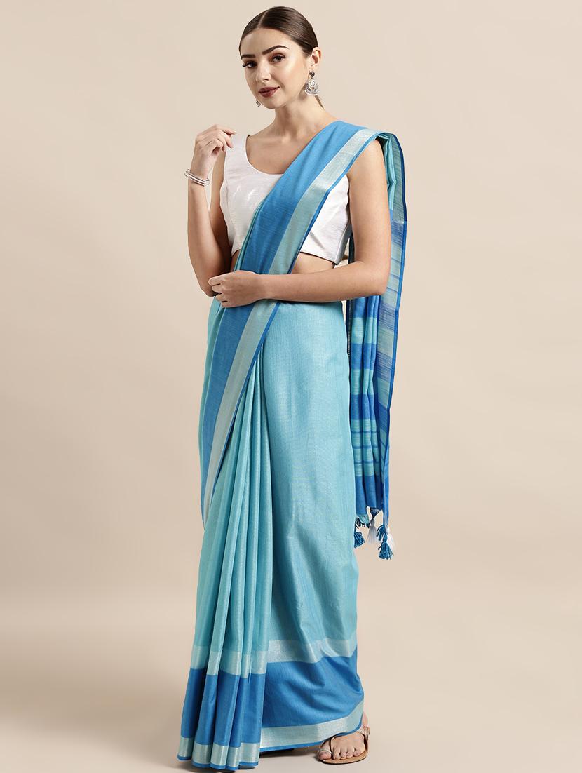 turquoise bordered saree with blouse - 17290320 - Zoom Image - 0