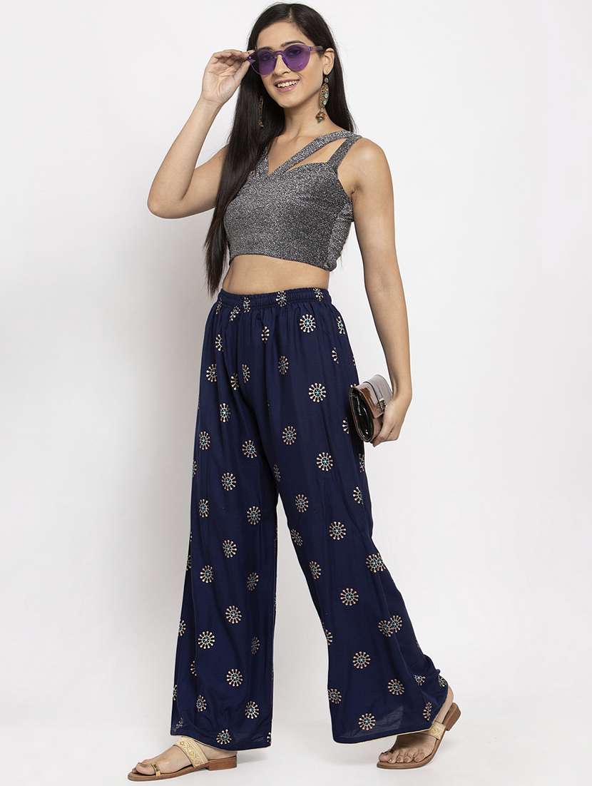 navy blue foil print straight palazzo - 17298378 - Standard Image - 3